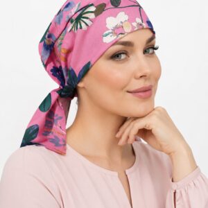 Turban z chusty po chemii Corcus T-393 odcienie różu, fioletu  bieli-  kolekcja Turban Flower