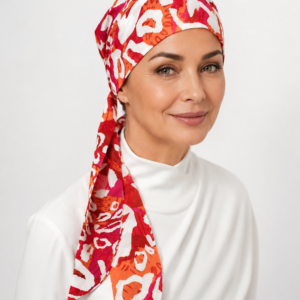 Turban z chusty  Amsterdam VC77 wzorzysty biel /pomarańcz /róż