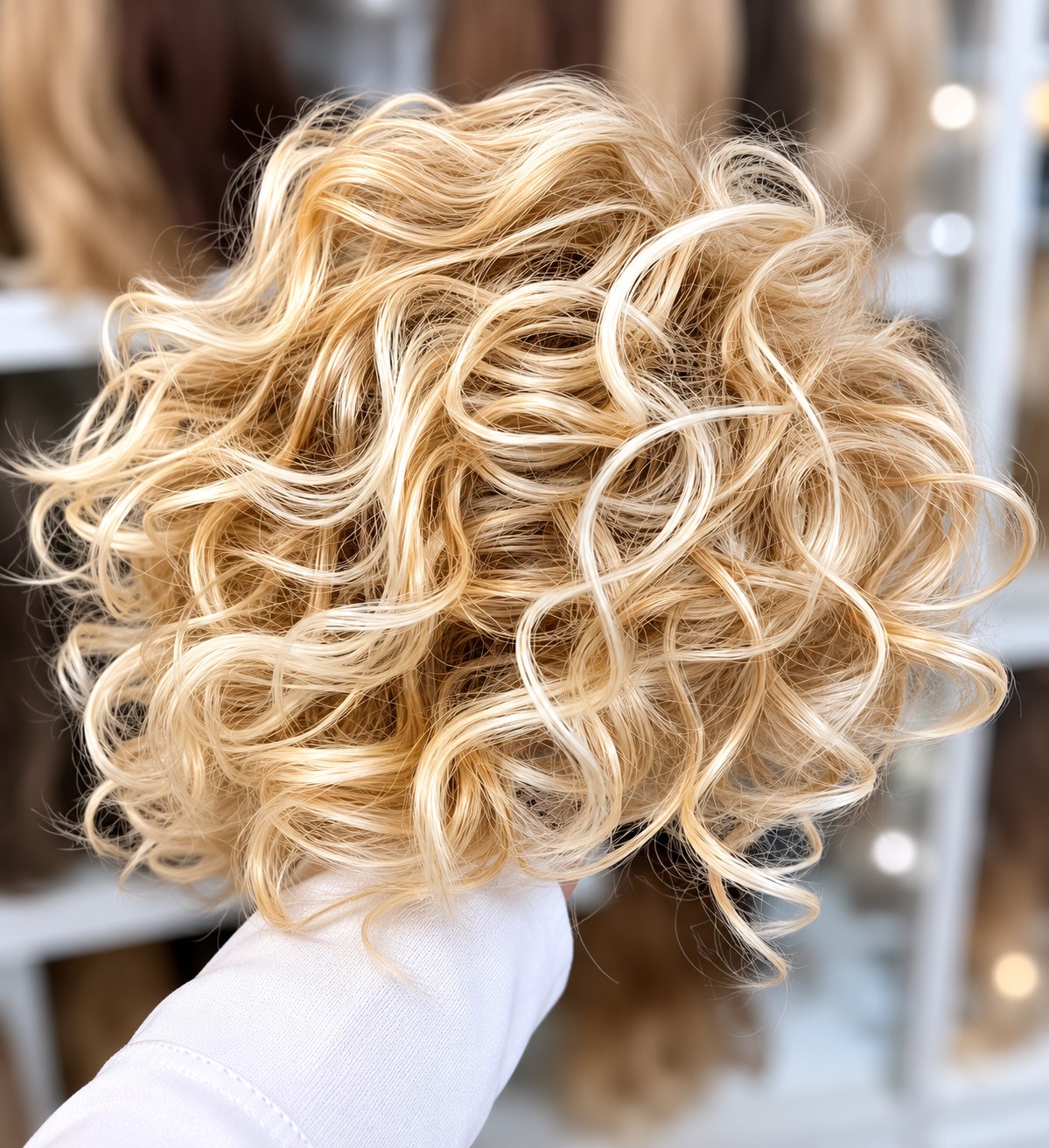 Peruka falowana z grzywką, afroloki - 63353c jasny ciepły blond -R21T-na większe głowy Peruka falowana z grzywką, afroloki - 63353c jasny ciepły blond -R21T-na większe głowy