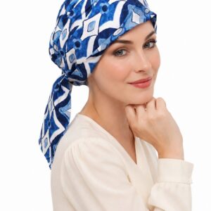 Turban z chusty po chemii Corcus  Flower Turbans Q-372 odcienie niebieskości, granatu